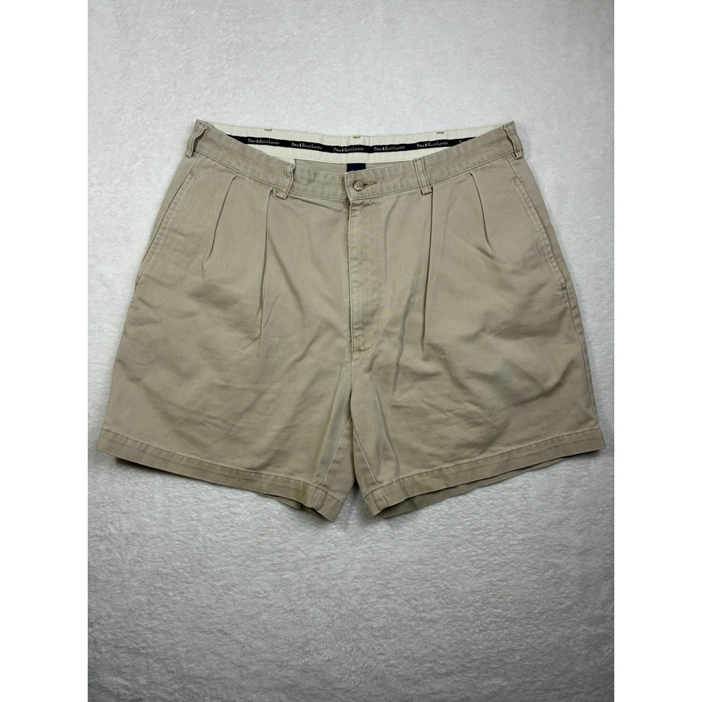 VTG Polo Ralph Lauren Andrew Mens Size 35 Khaki Pleated Chino Shorts Cotton